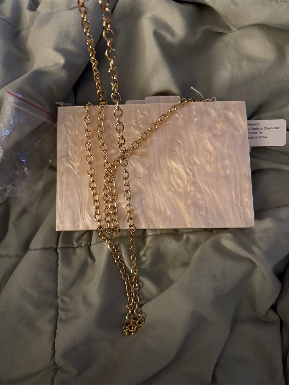 Francescas Pearlized Beige Acrylic Box Clutch with Gold Chain - Picture 3 of 3
